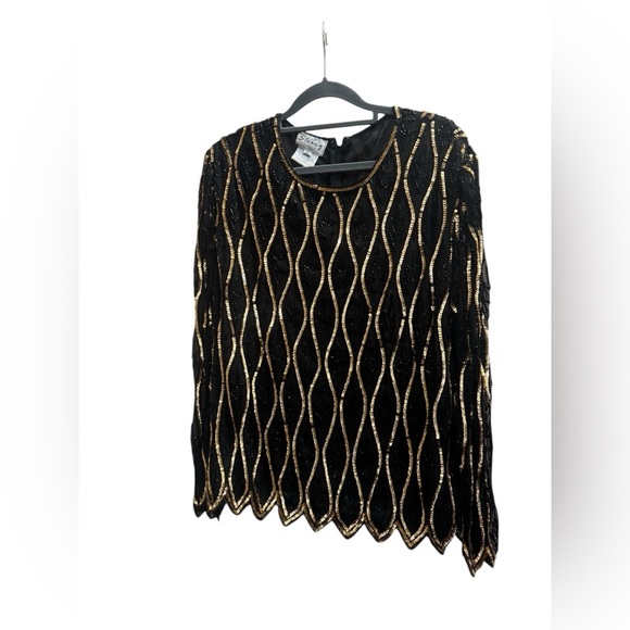 STENAY VINTAGE 80’s Silk Sequin Beaded Long Sleeve Black Gold Size XL Formal EUC - Picture 3 of 15